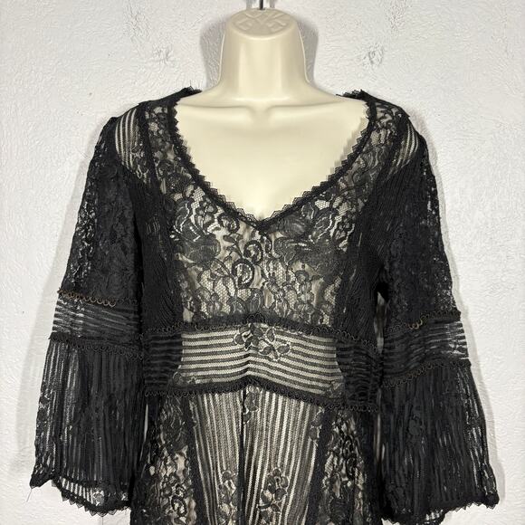Vintage Nanette Lepore Lace Dress Black Sheer Date Party Goth Heart Neck - 8 - Picture 4 of 8